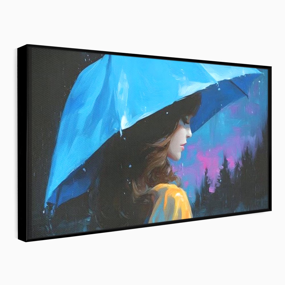 Tablou canvas cu pictura cu femeie sub umbrela albastra, in rama de aluminiu negru
